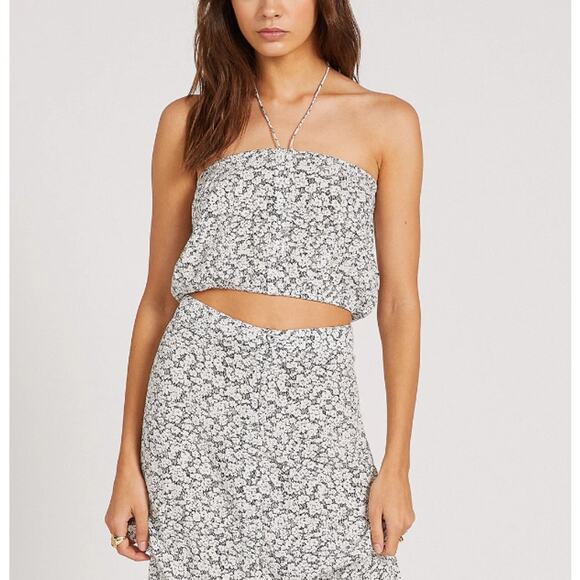 VOLCOM Bae Bae Doll Tube Top Cropped Drawcord Halter Floral Black White Size S - Picture 2 of 10